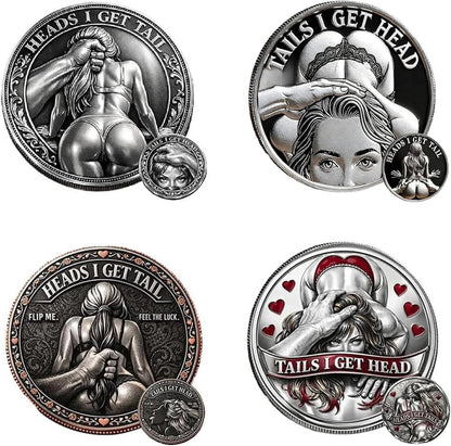 AuoiliouA heads i get tail commemorative coin front view featuring detailed adult novelty engraving