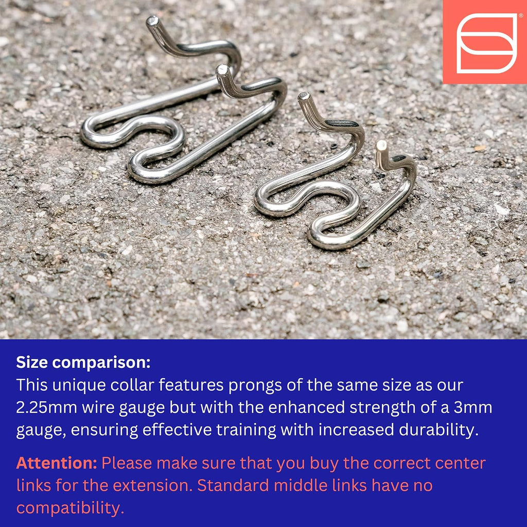 Three pack of three millimeter short version stainless steel dog training prongs.