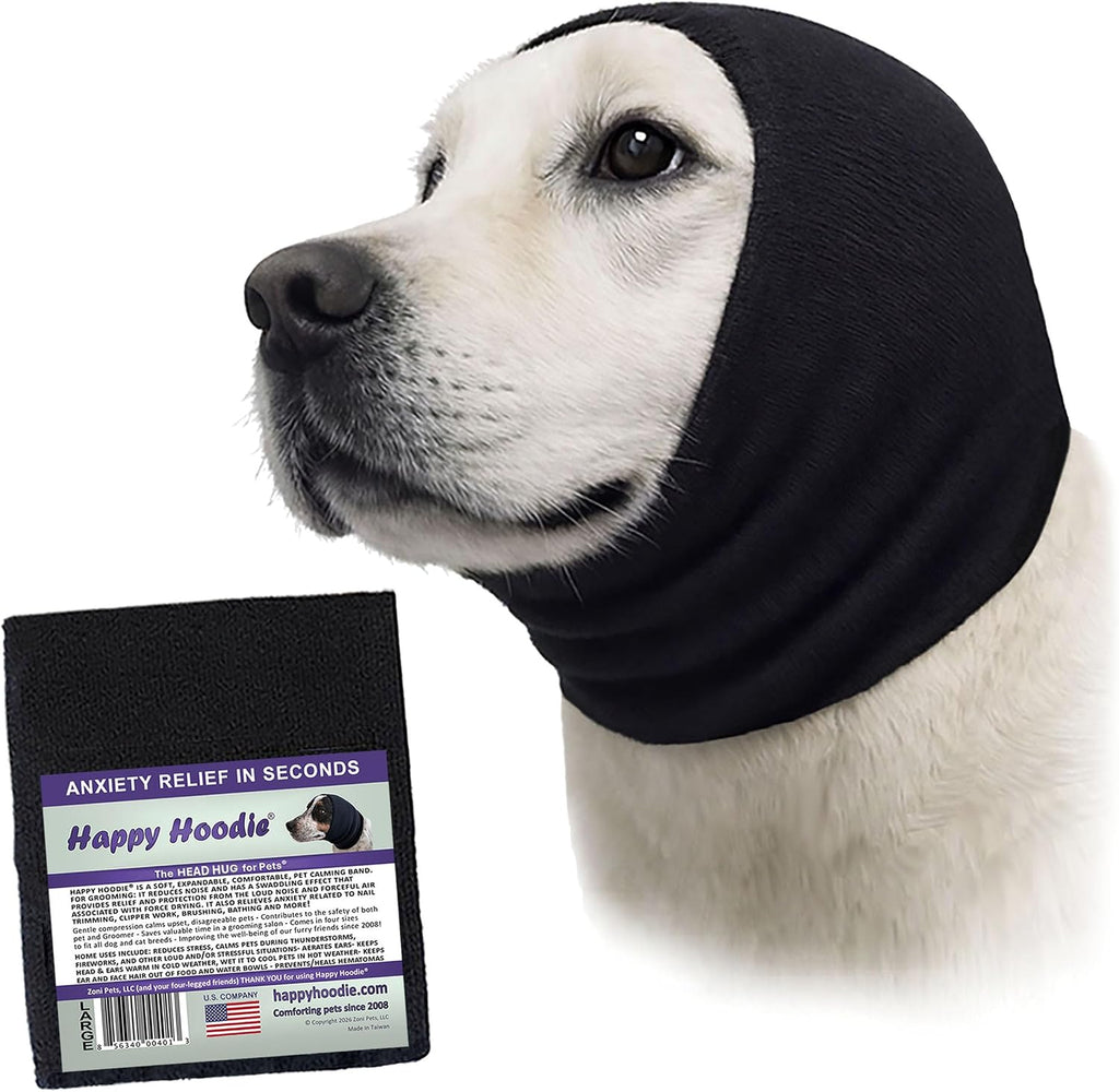 Zoni Pets Happy Hoodie front view on a large dog for noise anxiety relief