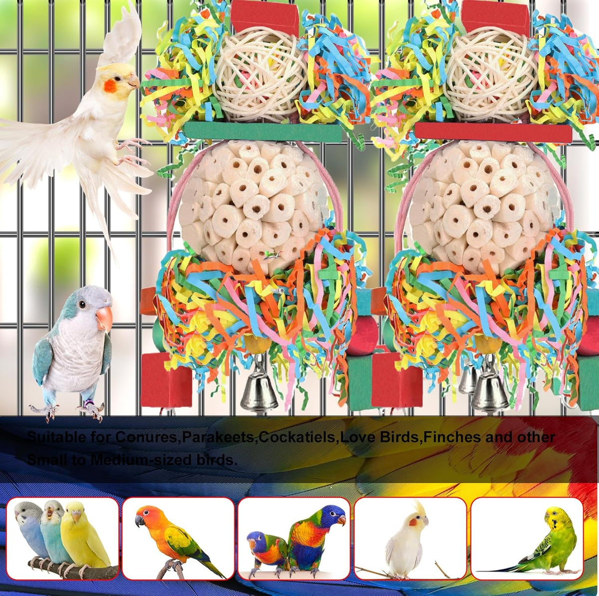 Close up of natural sola wood ball bird toy with bell and rattan