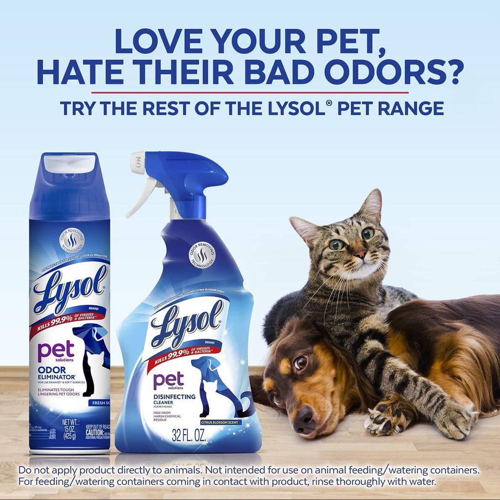 Side profile of Lysol Pet Solutions spray showing fresh scent branding