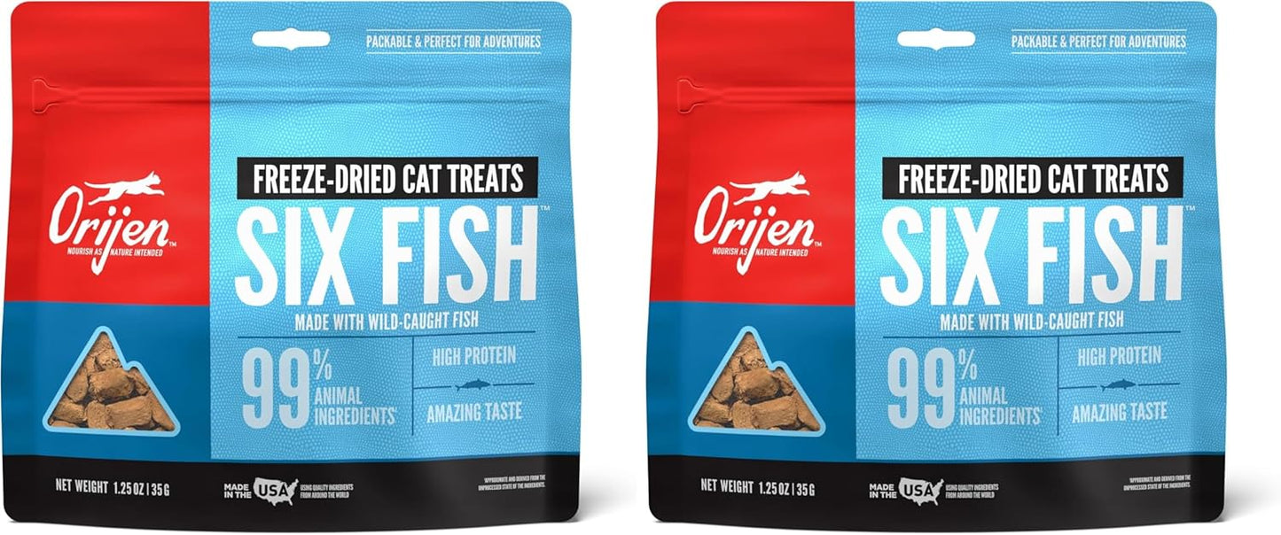 Orijen natural freeze dried cat treats showing ninety nine percent animal ingredients information.