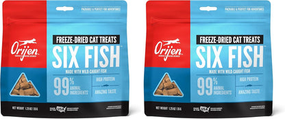 Orijen natural freeze dried cat treats showing ninety nine percent animal ingredients information.