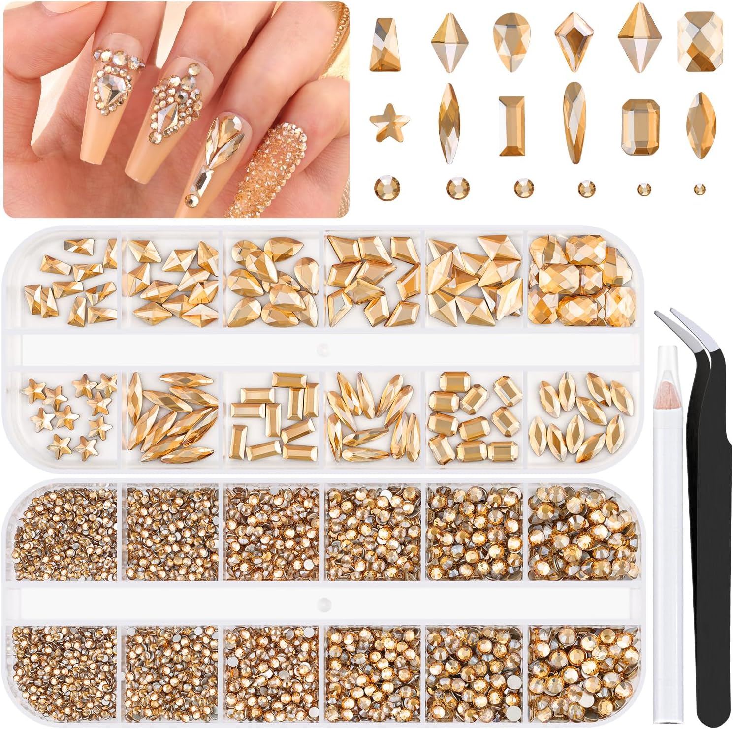 Belleboost gold nail rhinestones set front view with tools