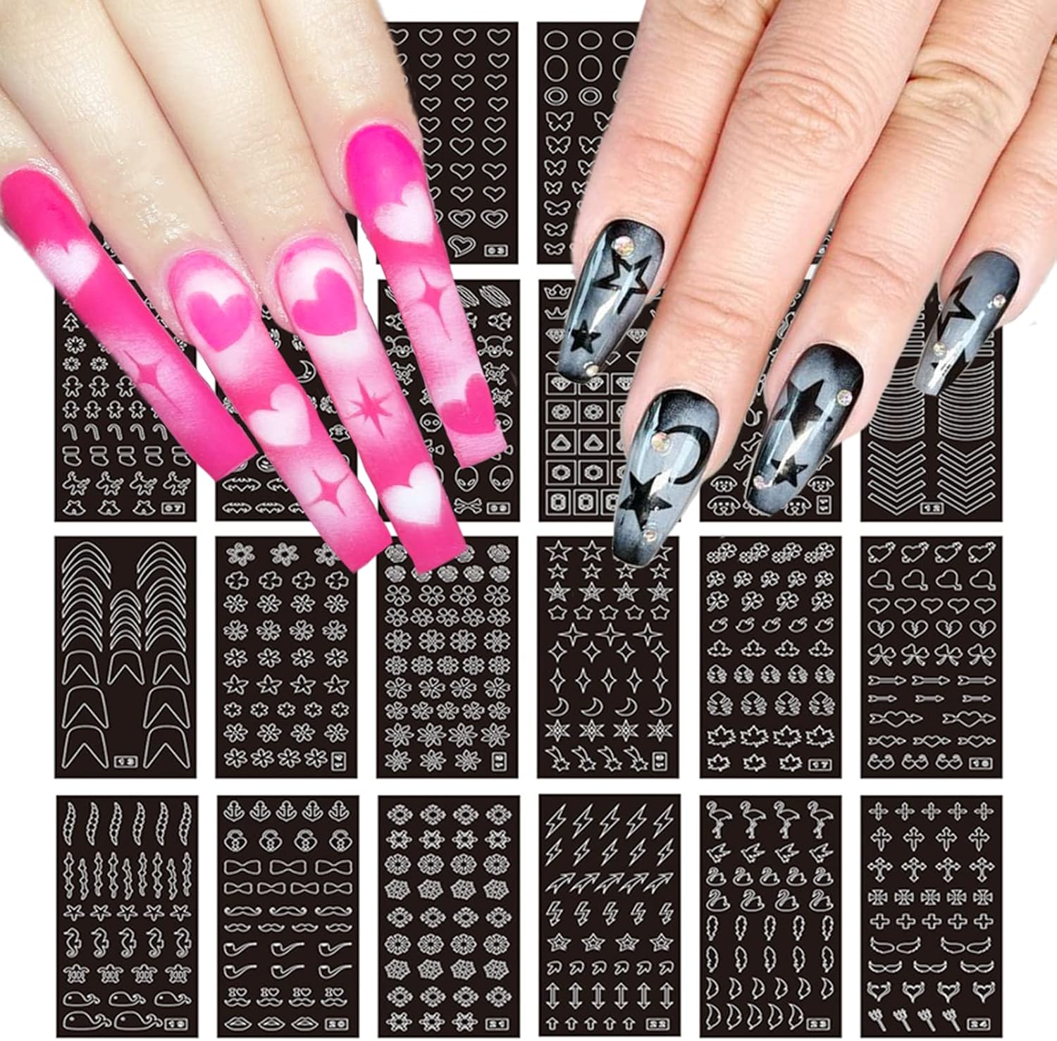 24 Sheets Airbrush Stencils Nail Stickers for Nail Art, French Nail Decals Printing Template Stencil Tool Moon Stars Heart Butterfly French Design Hollow (154 Designs) - Image 1