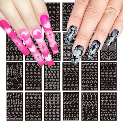 24 Sheets Airbrush Stencils Nail Stickers for Nail Art, French Nail Decals Printing Template Stencil Tool Moon Stars Heart Butterfly French Design Hollow (154 Designs) - Image 1
