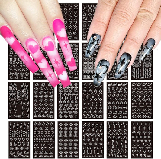 24 Sheets Airbrush Stencils Nail Stickers for Nail Art, French Nail Decals Printing Template Stencil Tool Moon Stars Heart Butterfly French Design Hollow (154 Designs) - Image 1