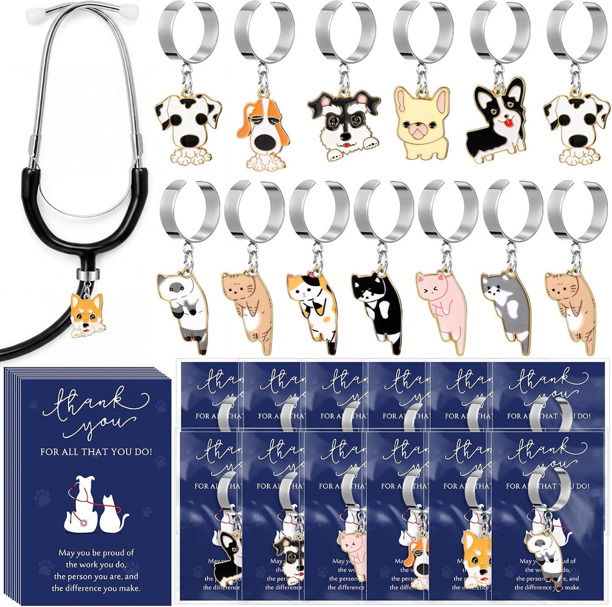 XunYee veterinary appreciation gifts bulk stethoscope charms front view showcasing various colorful enamel cat and dog pendants