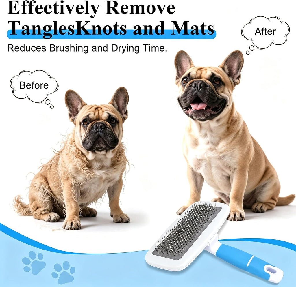 Self cleaning slicker dog brush with ergonomic silicone grip handle.
