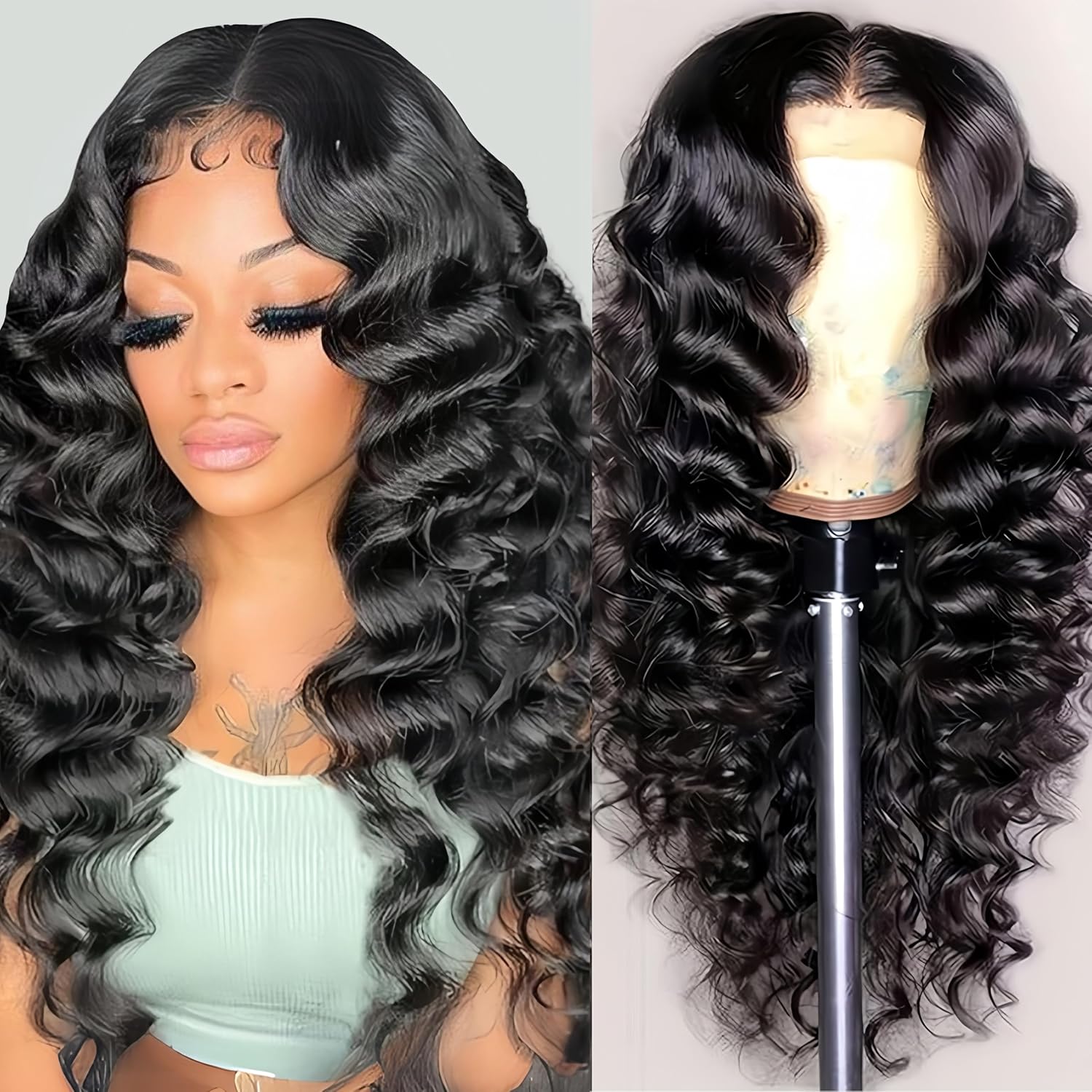 NKTU deep wave lace front human hair wig front view showcasing defined wet and wavy long curls