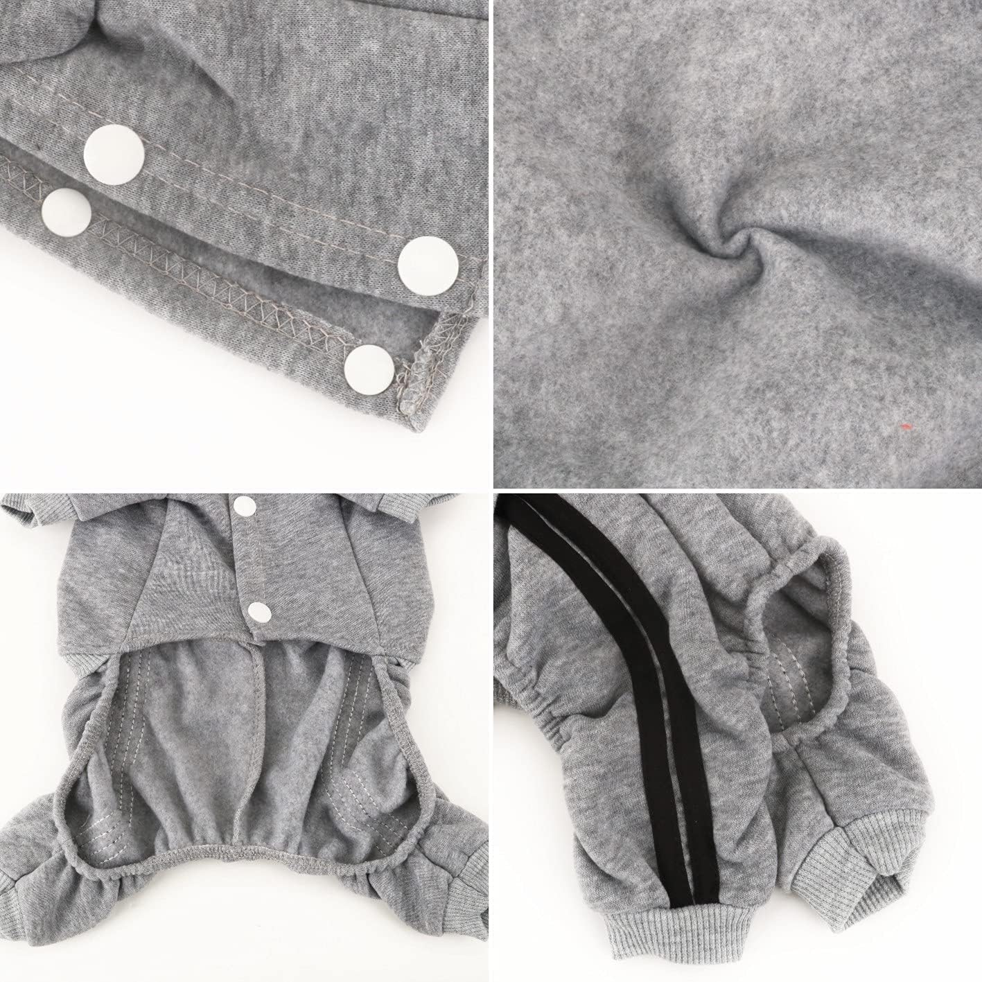 Elastic leg bands on the gray pet hoodie demonstrating flexibility