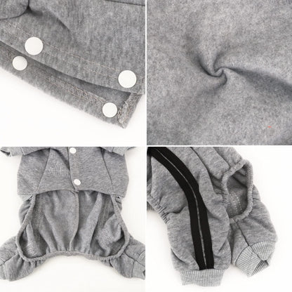 Elastic leg bands on the gray pet hoodie demonstrating flexibility