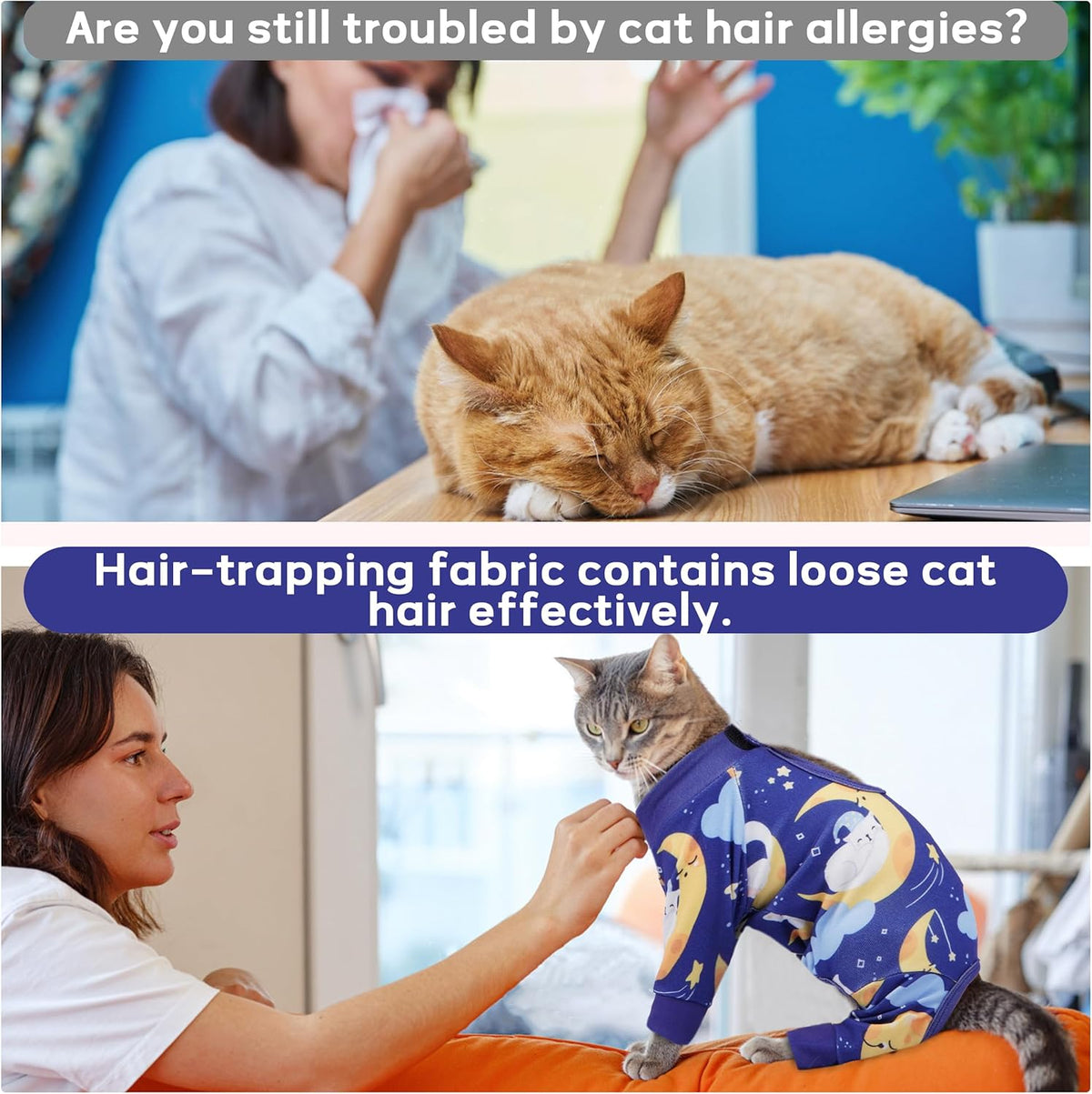 Cat wearing blue Pumyporeity recovery suit for surgery