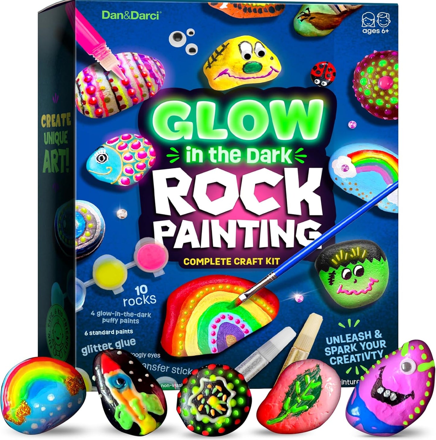 Dan and Darci glow in the dark rock painting kit packaging box front view containing creative kids art supplies.