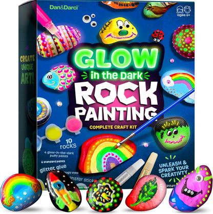 Dan and Darci glow in the dark rock painting kit packaging box front view containing creative kids art supplies.