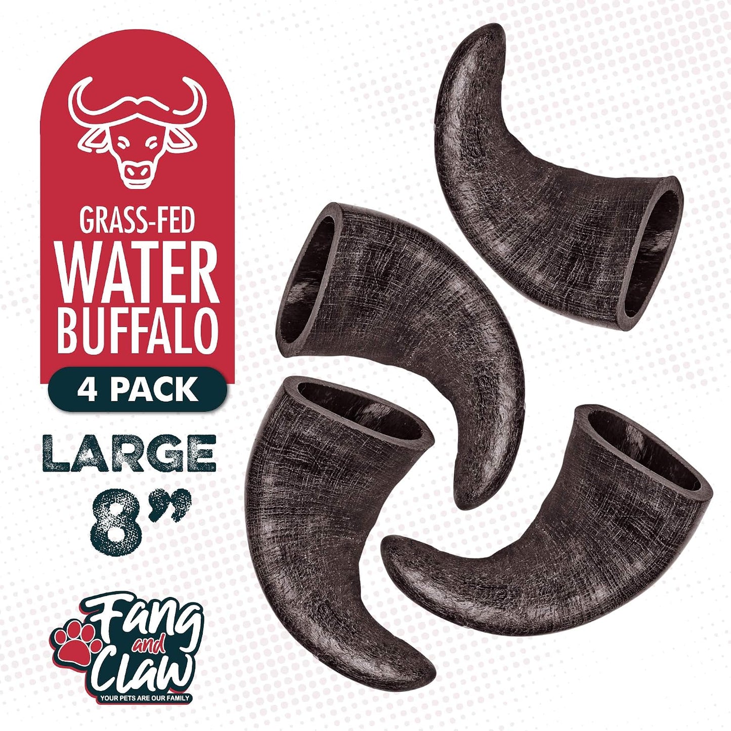 4 Pack Water Buffalo Horns for Dogs, Large 8 Inch - Natural Antler & Rawhide Bone Alternative for Aggressive Chewers, Long Lasting Single-Source Grass-Fed Dog Chew - Image 5