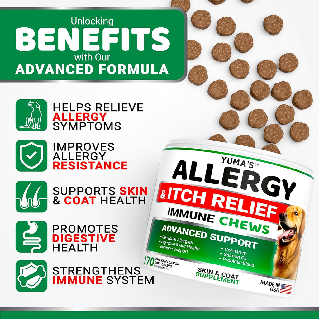 Yumas anti itch chewables container showing 170 chicken flavored treats for dogs