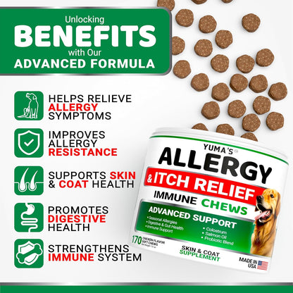 Yumas anti itch chewables container showing 170 chicken flavored treats for dogs