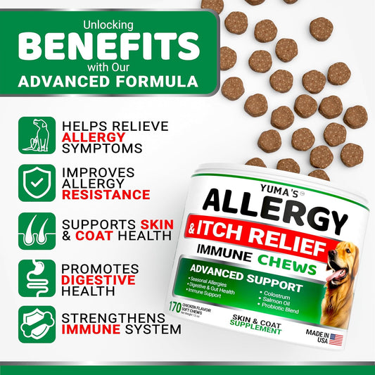 Yumas anti itch chewables container showing 170 chicken flavored treats for dogs
