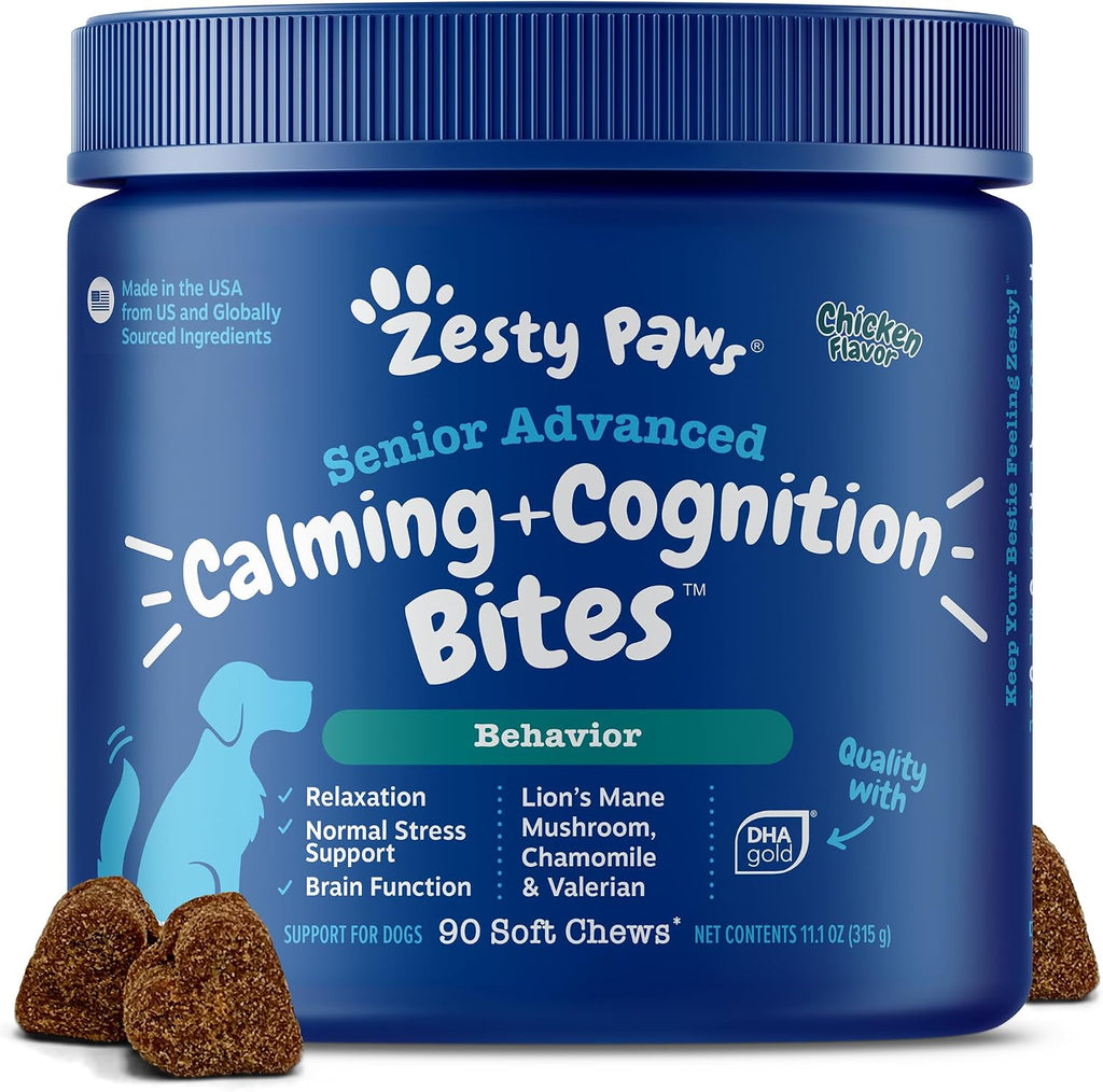 Zesty Paws Senior Advanced Calming and Cognition soft chews front view dog brain health supplement.