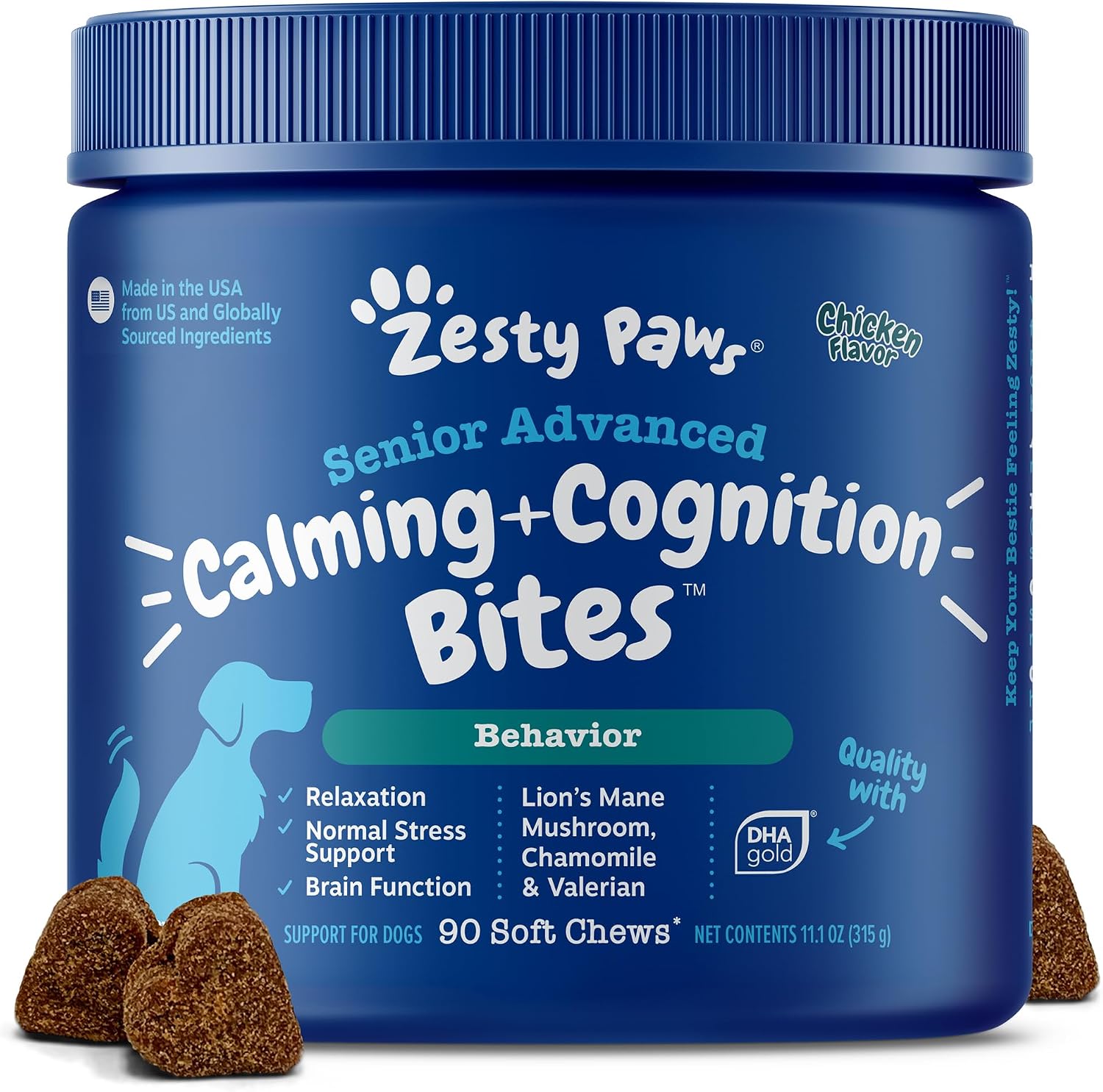 Zesty Paws Senior Advanced Calming and Cognition soft chews front view dog brain health supplement.
