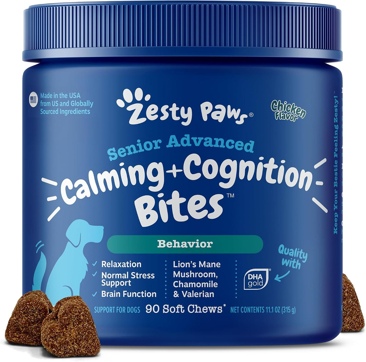 Zesty Paws Senior Advanced Calming and Cognition soft chews front view dog brain health supplement.