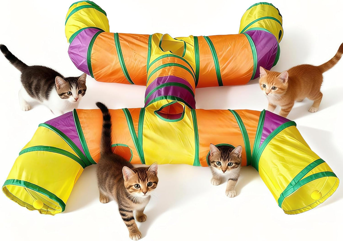 Realistic log design cat toy tunnel placed in a modern living room