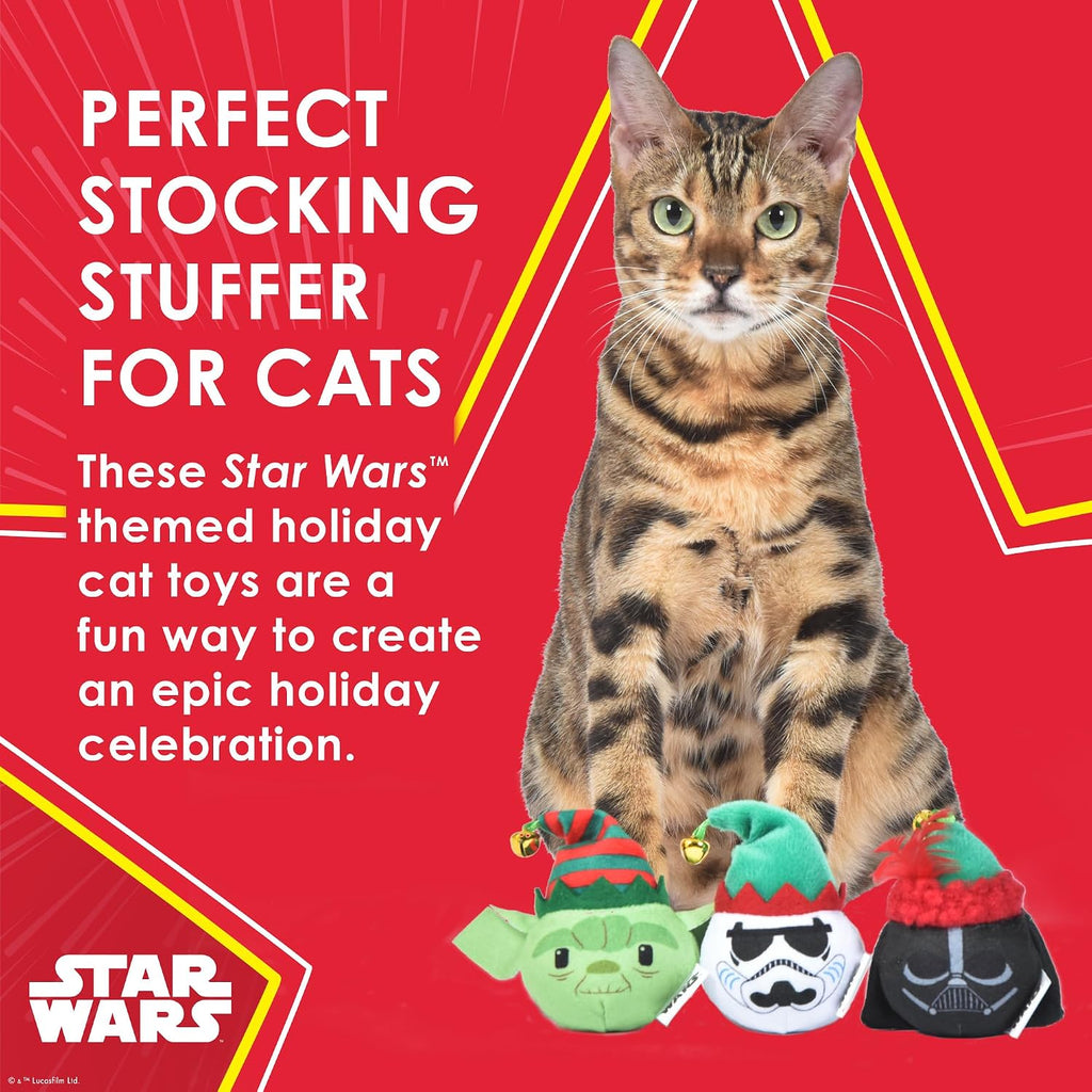Yoda festive plush cat jingle ball showing green character design and feathers