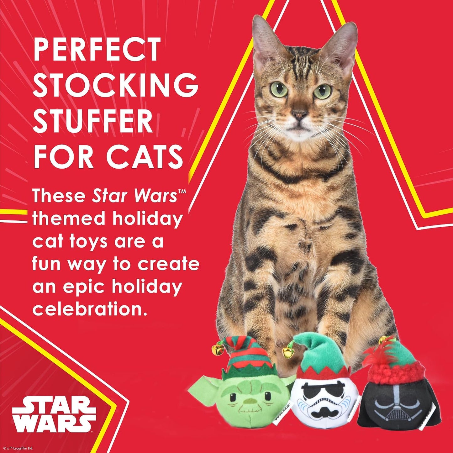 Yoda festive plush cat jingle ball showing green character design and feathers