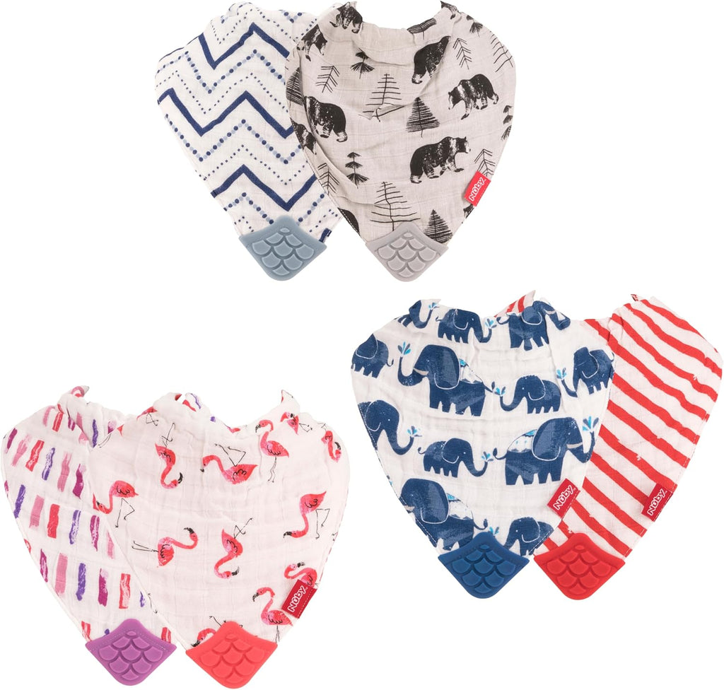 Nuby 2 Piece Muslin Bandana Bib front view with teether corner.
