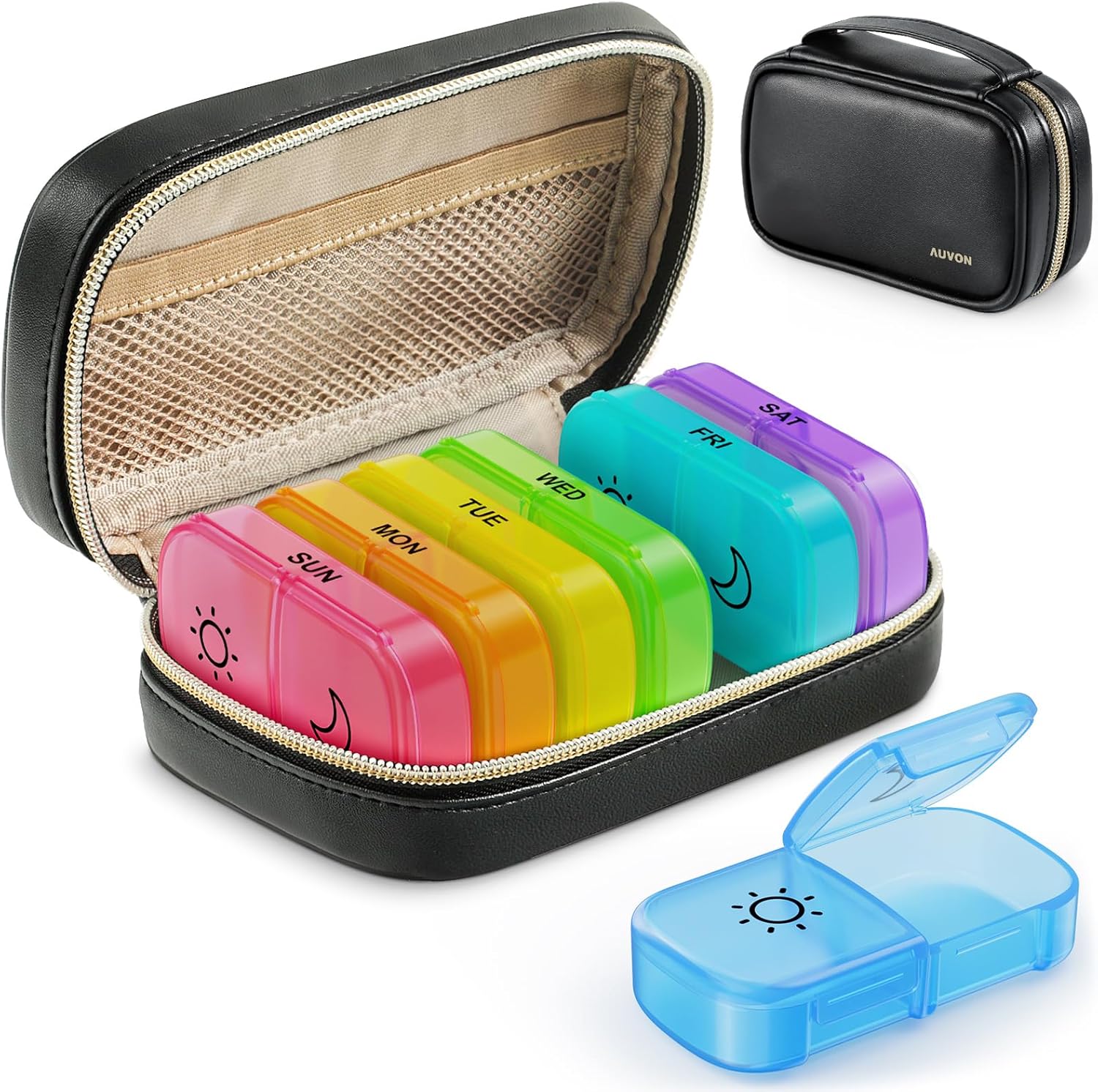 AUVON weekly pill organizer front view showcasing the premium black polyurethane leather zipper pouch.