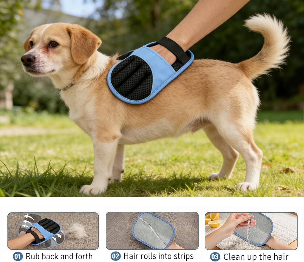 Electrostatic pet fur shedding glove being used on dog coat