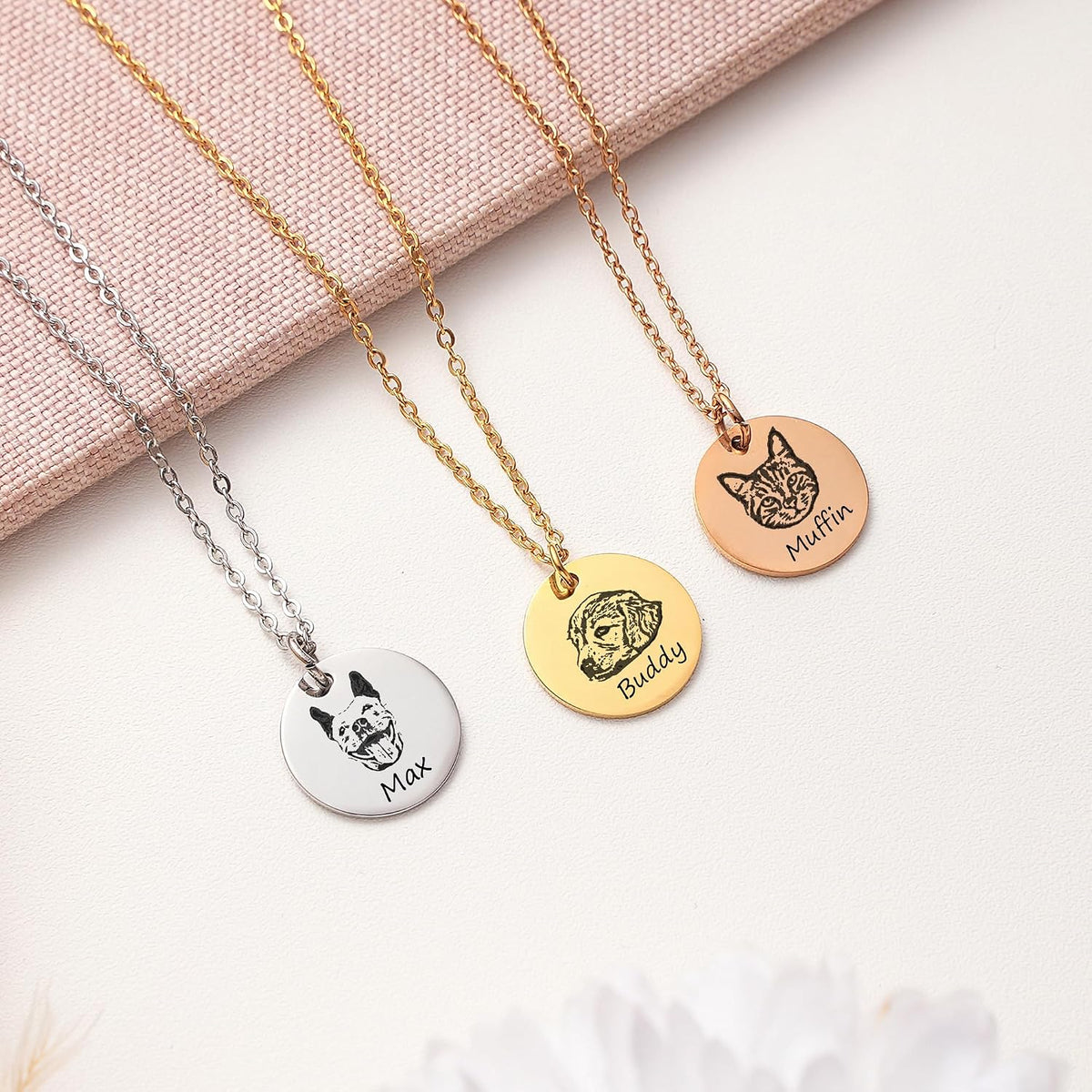 Handmade pet memorial jewelry disc featuring custom laser engraved puppy portrait
