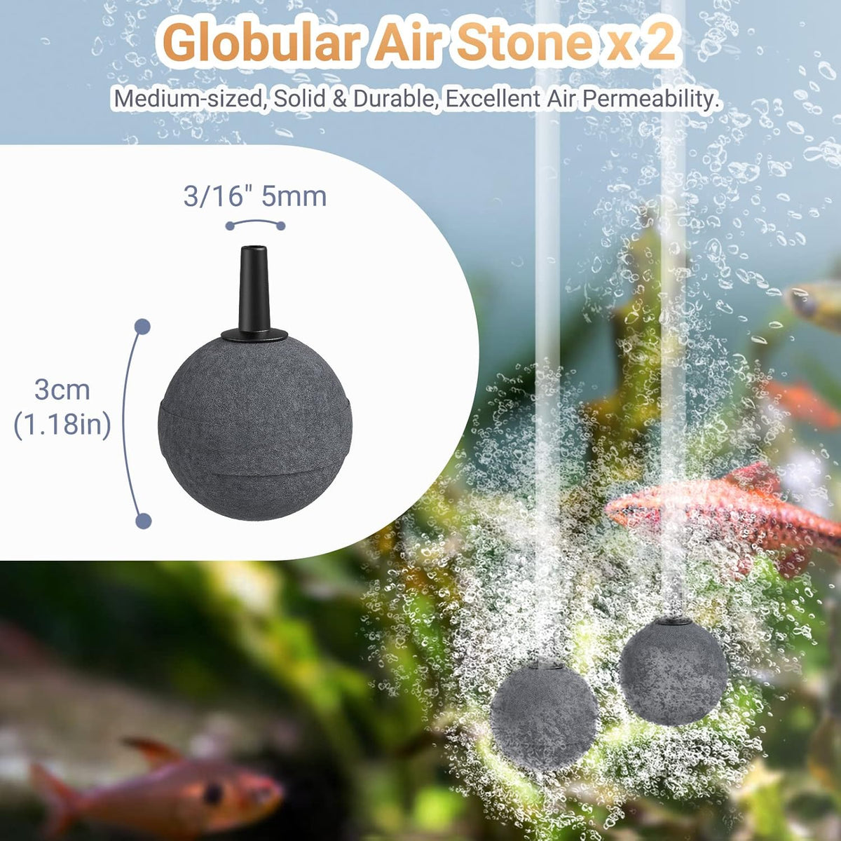 Close-up of the clear flexible silicone airline tubing and two globular air stones for fish tank oxygenation.