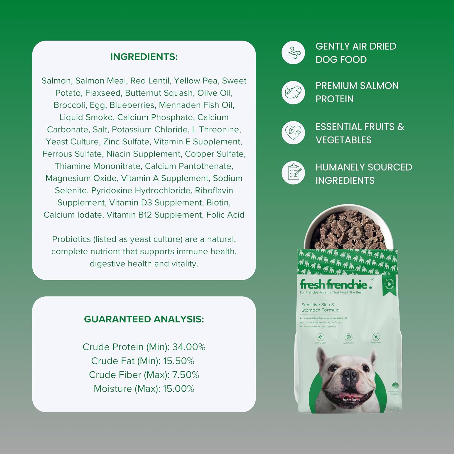 Fresh Frenchie air dried salmon dog food being served as a high value reward treat for a puppy