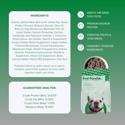 Fresh Frenchie air dried salmon dog food being served as a high value reward treat for a puppy