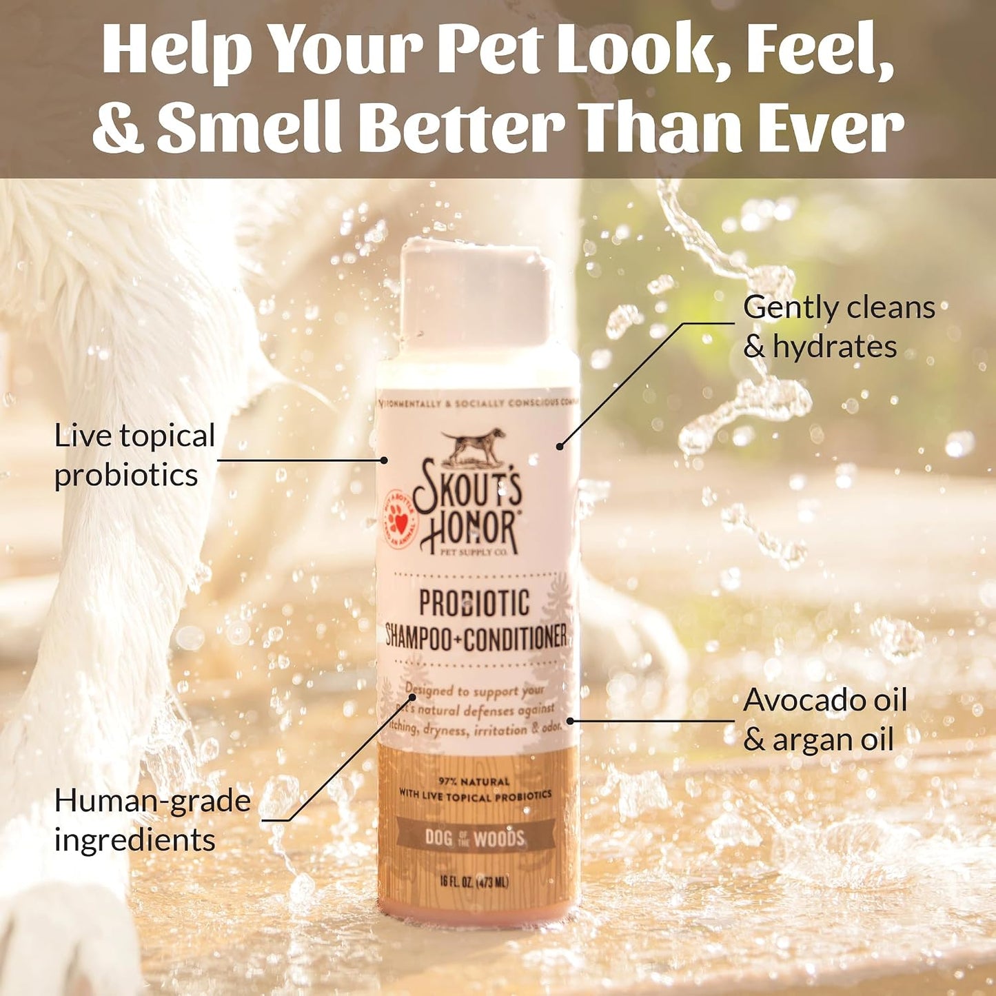 Close up of Skout's Honor branding on pet shampoo bottle