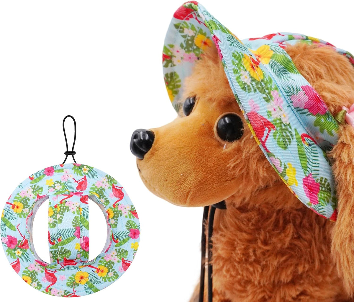 JpGdn dog bucket hat with flamingo print front view