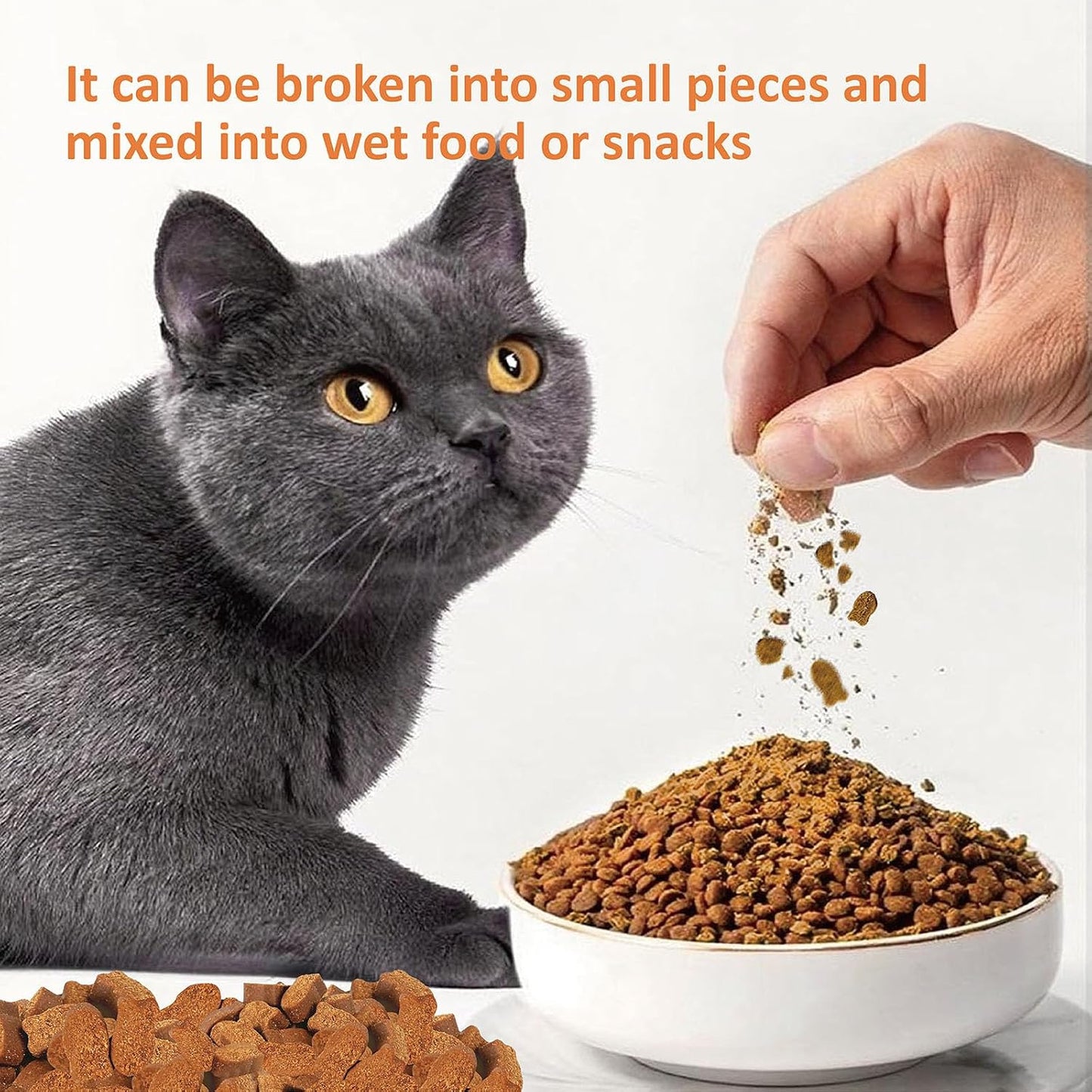 Premium USA imported Carmelie cat skin and coat support chews presented on a clean surface.