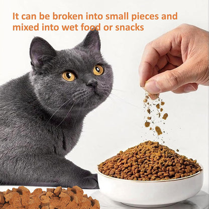Premium USA imported Carmelie cat skin and coat support chews presented on a clean surface.