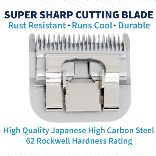 Bucchelli carbonized steel cat trimmer blade showing quick-feed teeth structure