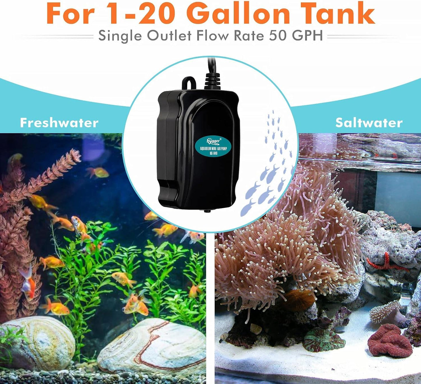 Top view of Hygger mini aquarium air pump for 20 gallon tanks