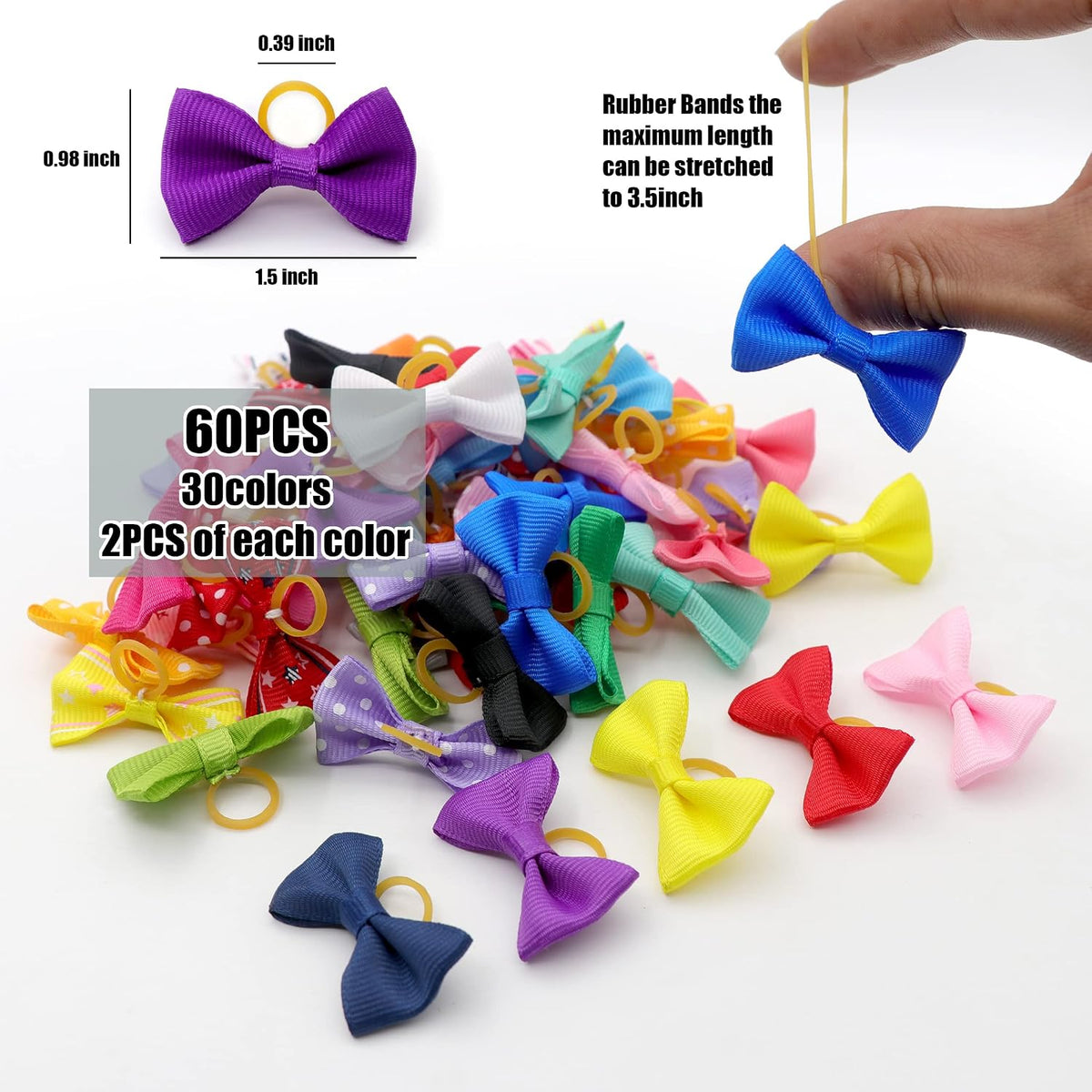 Assorted handmade pet grooming ribbon bows with attached elastic bands.