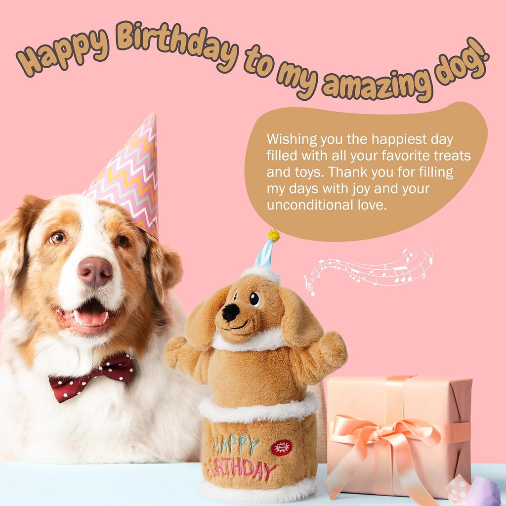 Fuzzwoof birthday cake dog toy showing interactive control switch