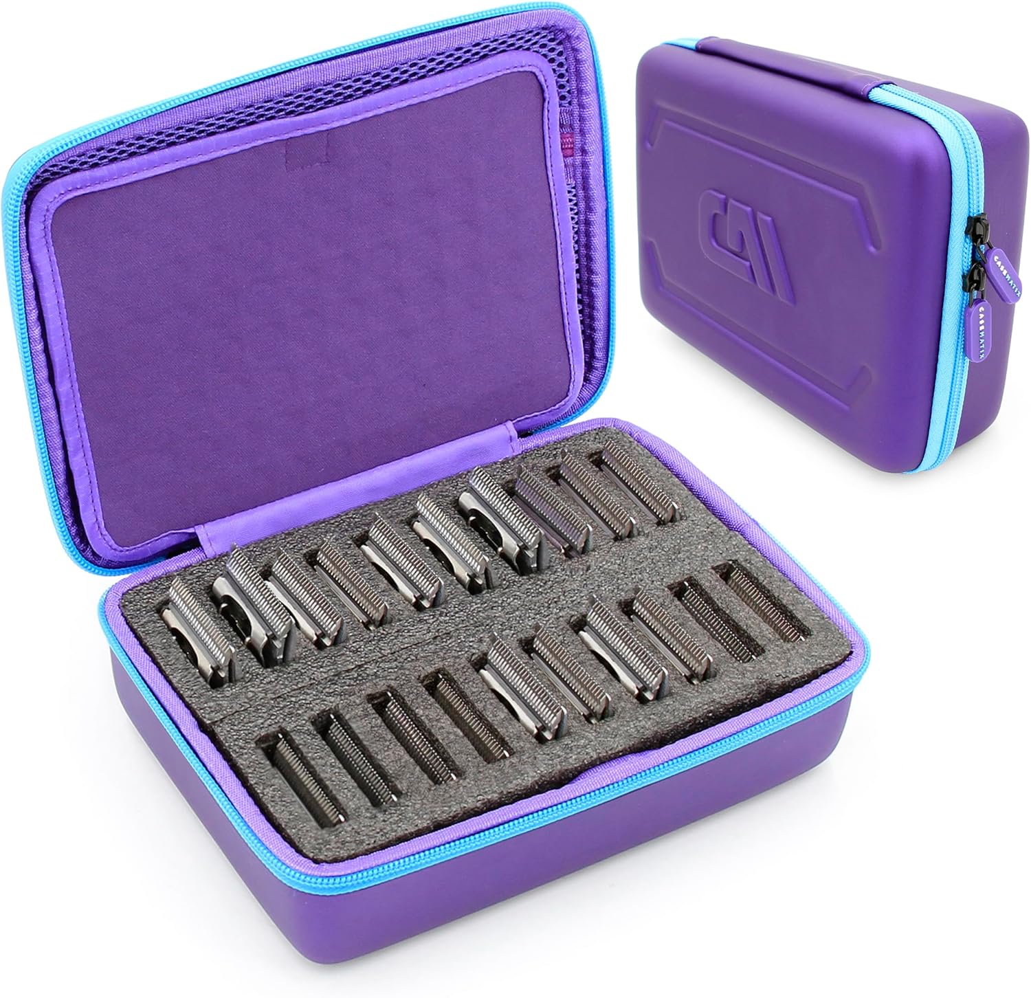 CASEMATIX clipper blade holder front view showcasing the vibrant purple hard shell exterior and contrast blue zippers.