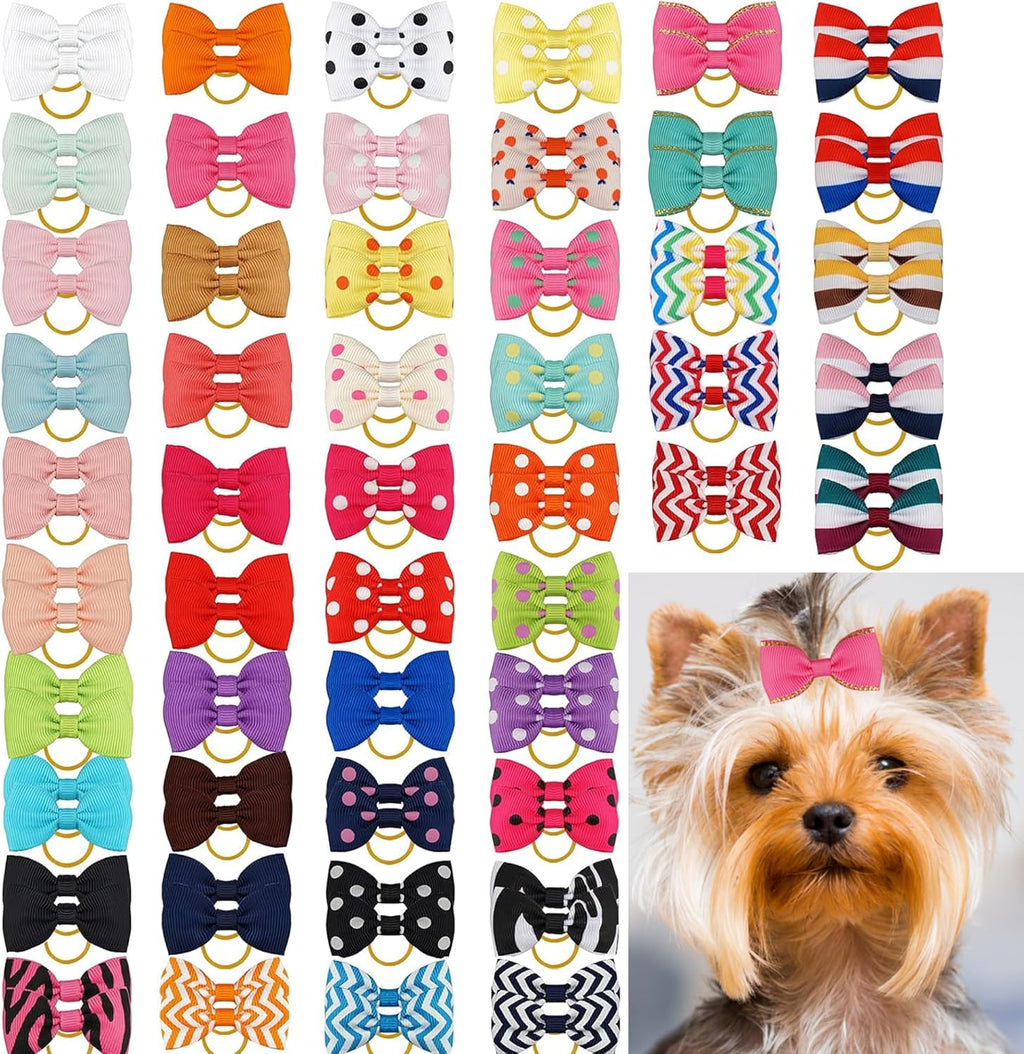 Yxiang 100 pieces colorful polka dot pet hair bows with rubber bands front view