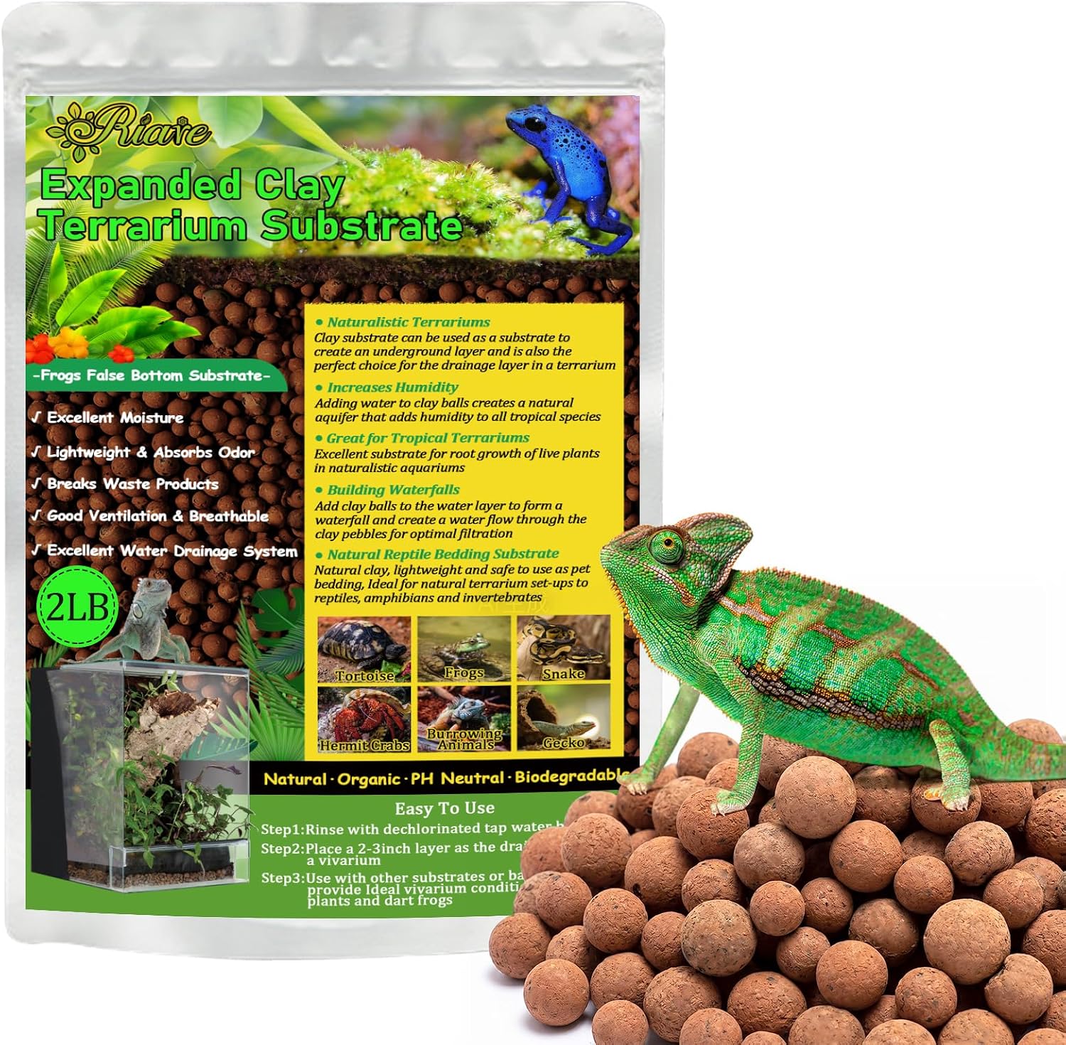 Back label view of the Riare resealable foil pouch displaying usage instructions and product technical specifications.