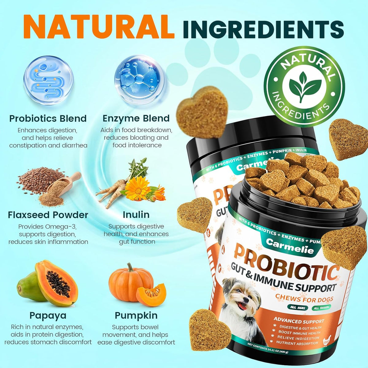 Carmelie dog gut health supplement 200 soft chews for yeast infection and ear irritation relief.
