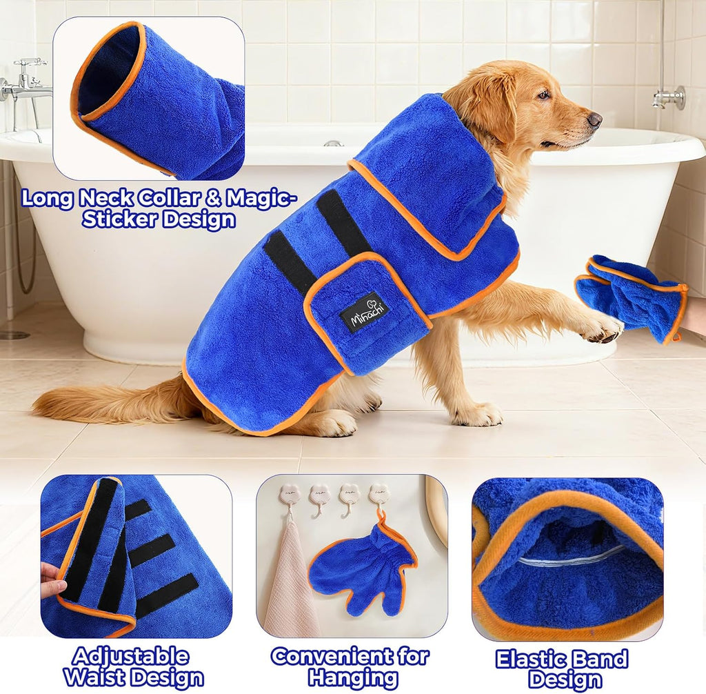 Blue Mihachi dog bathrobe high collar design for anxious puppies.