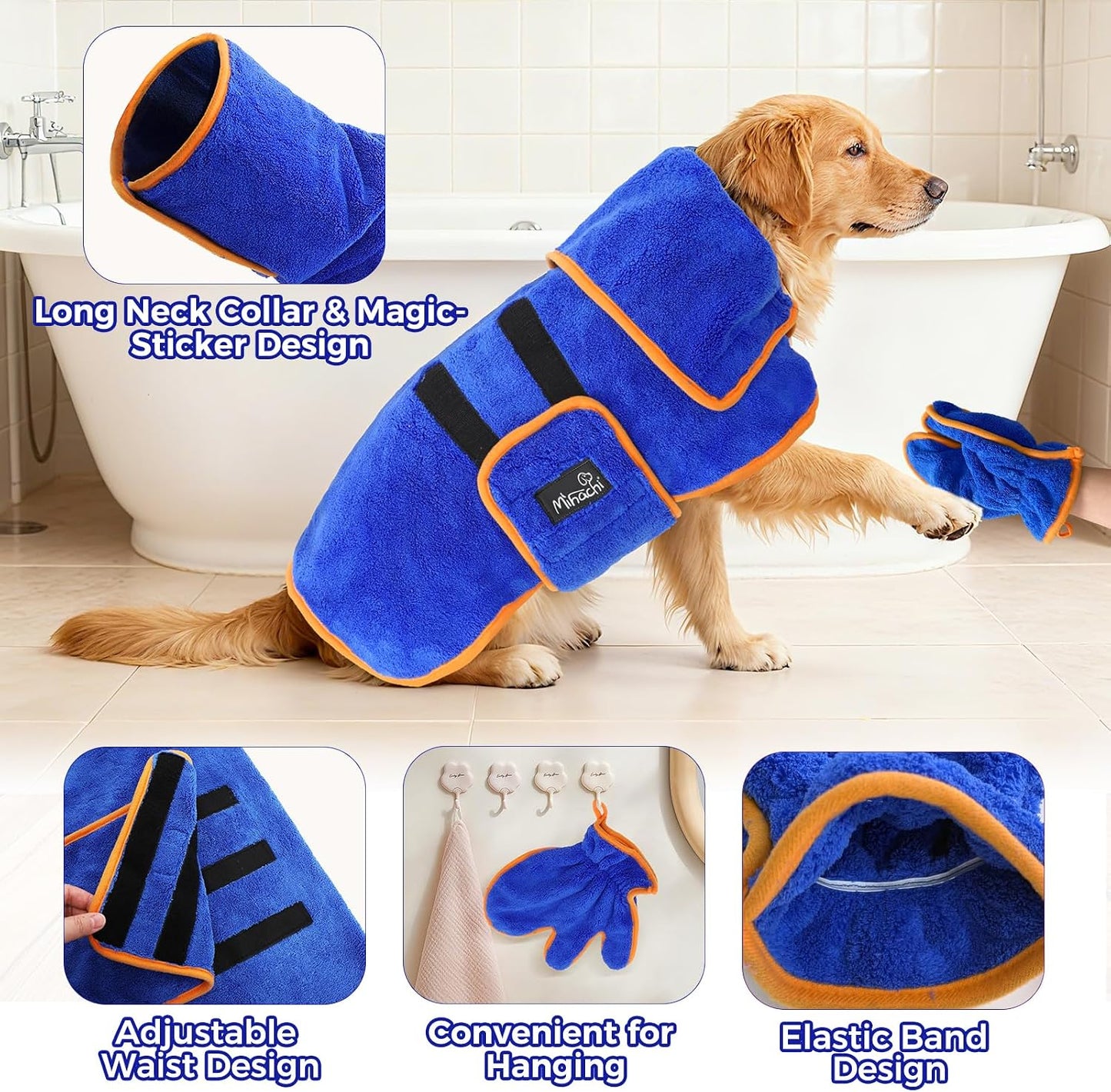 Blue Mihachi dog bathrobe high collar design for anxious puppies.